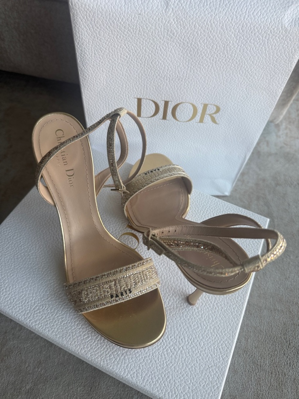 Dior Gold Metallic Embellished Strappy Heels